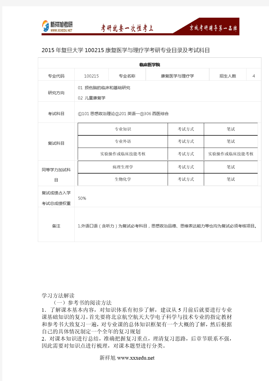 2017年复旦大学100215康复医学与理疗学考研经验-新祥旭考研辅导班