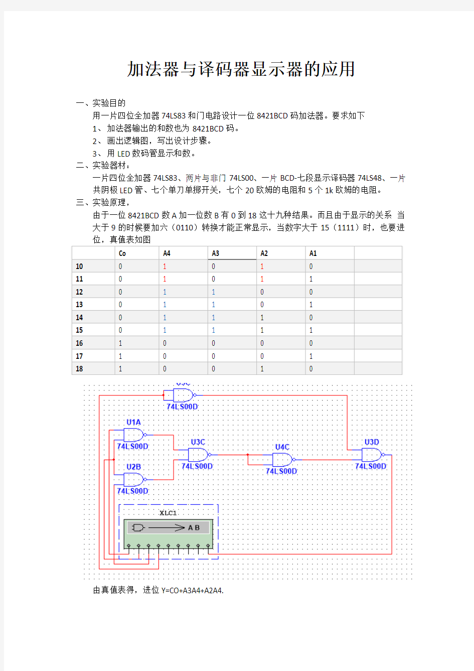 四位加法器设计8421BCD码加法器