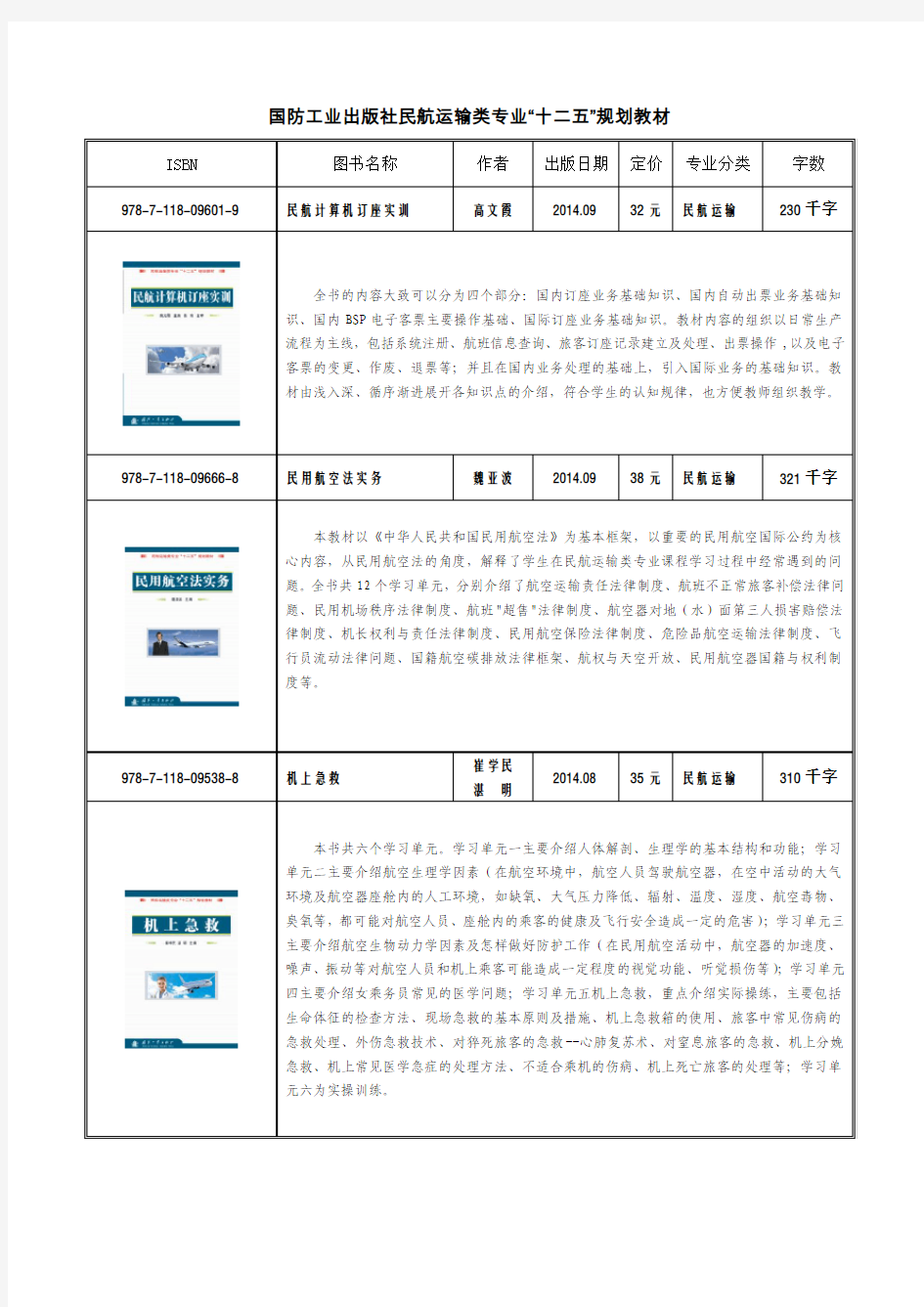 国防工业出版社民航运输类专业教材目录(2014年9月)