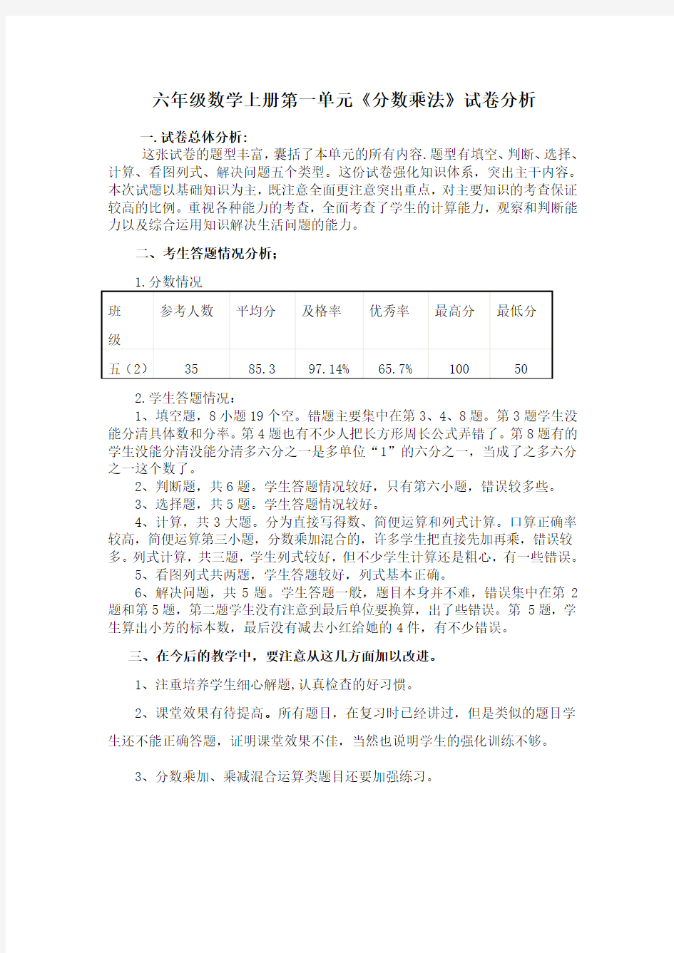 六(2)班数学第一单元分数乘法试卷分析