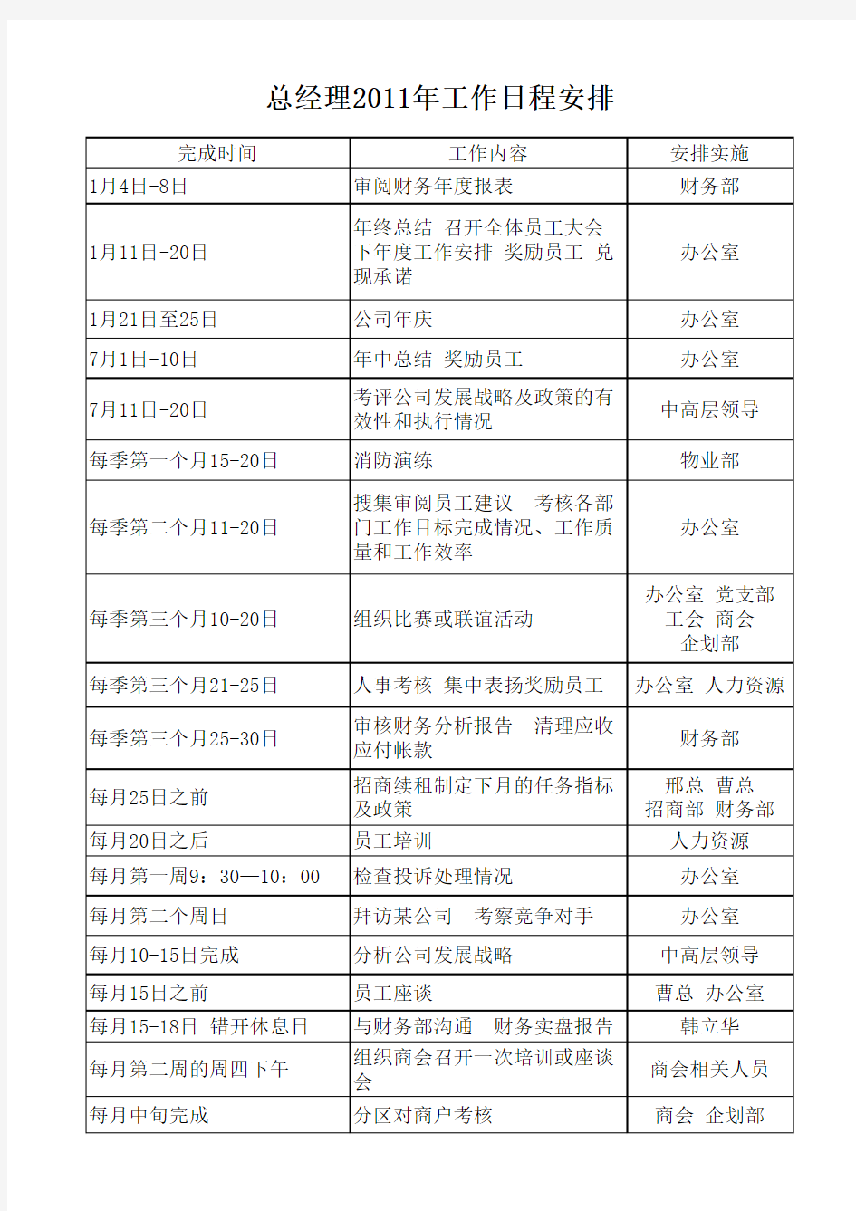 总经理工作日程安排