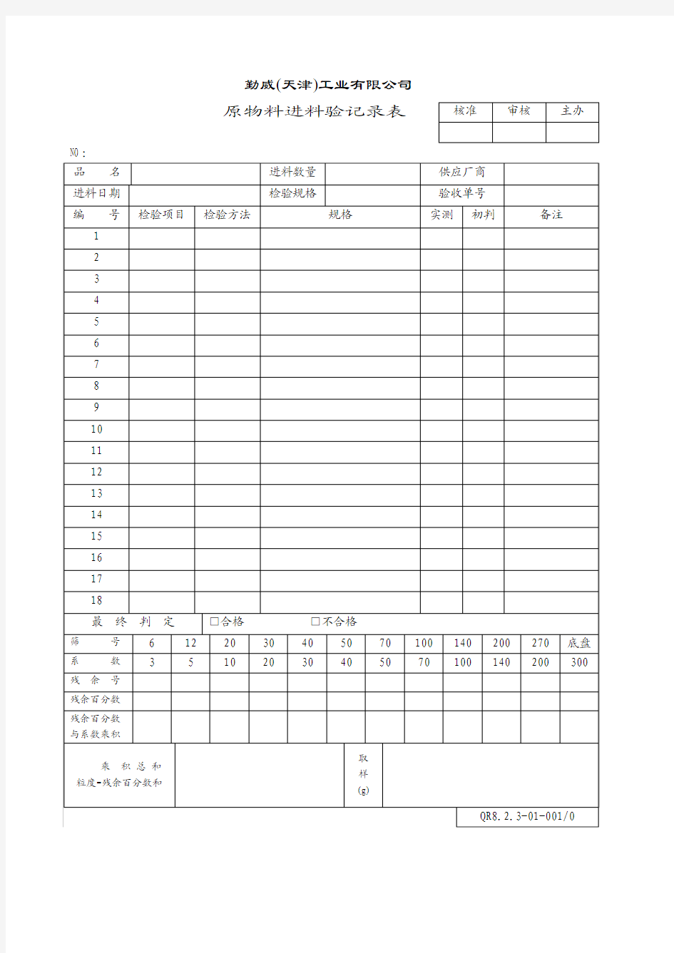 QR8.2.3-01-001原物料进料检验记录表