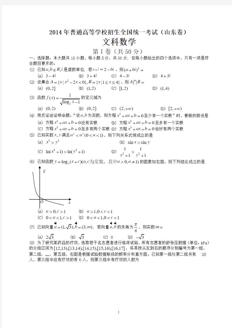 2014年全国高考文科数学试题及答案解析-山东卷