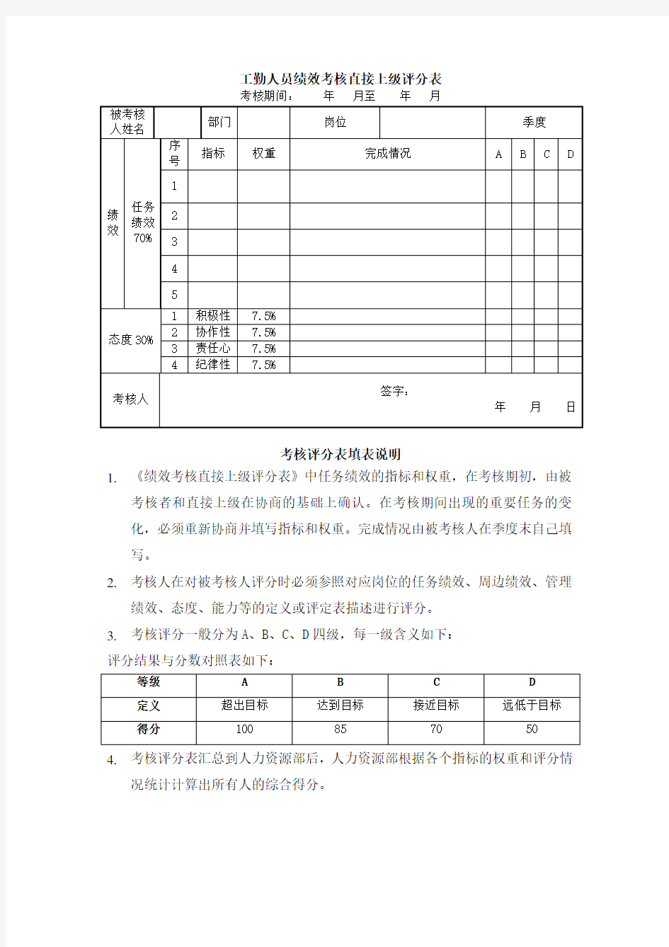 工勤人员绩效考核直接上级评分表