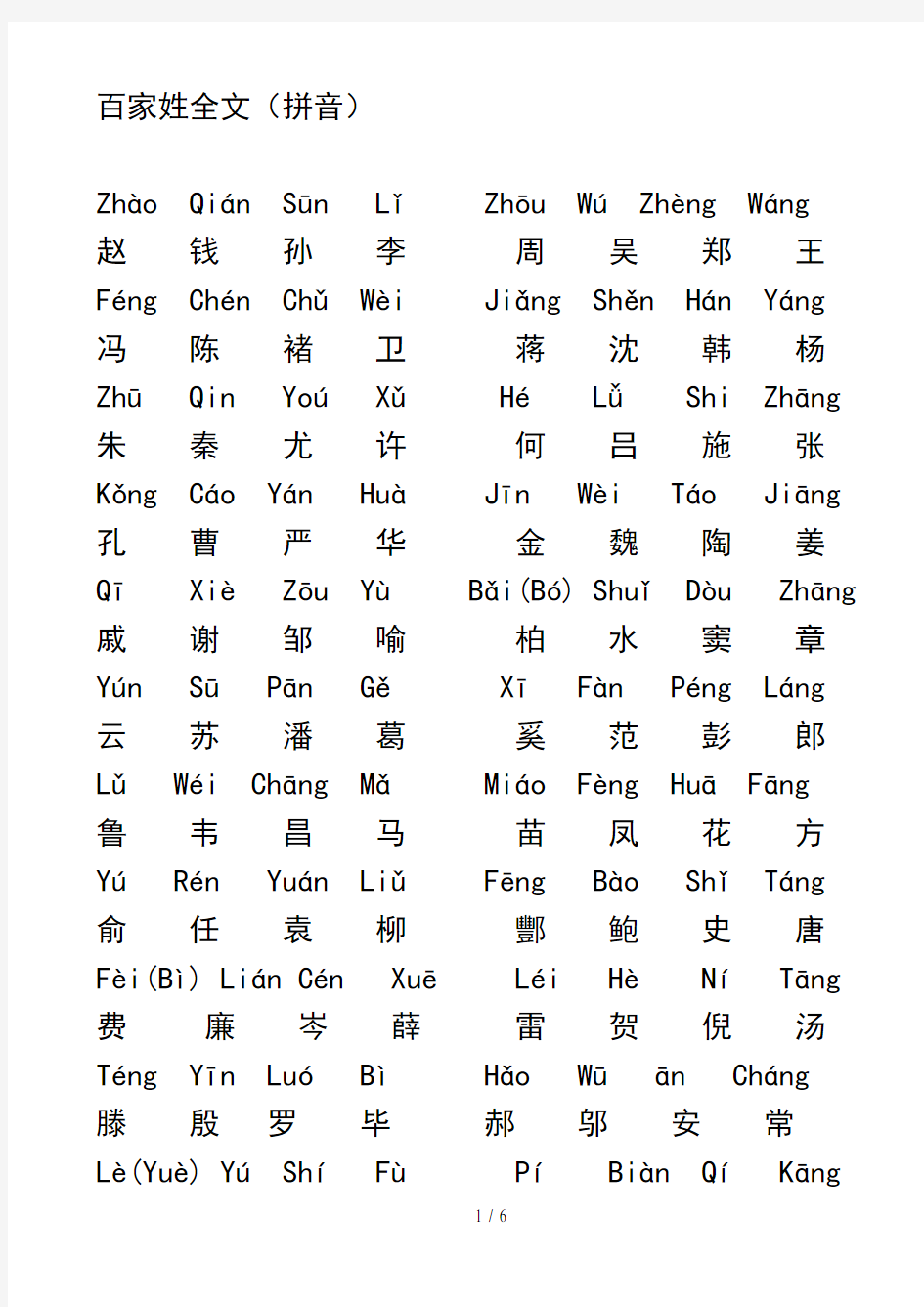百家姓全文拼音版