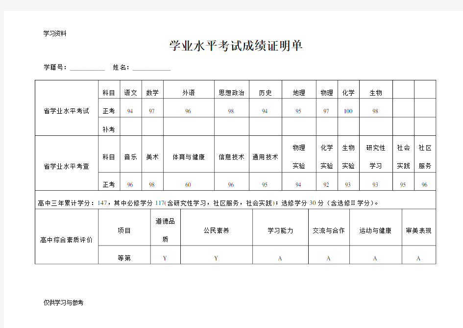 学业水平考试成绩证明doc资料