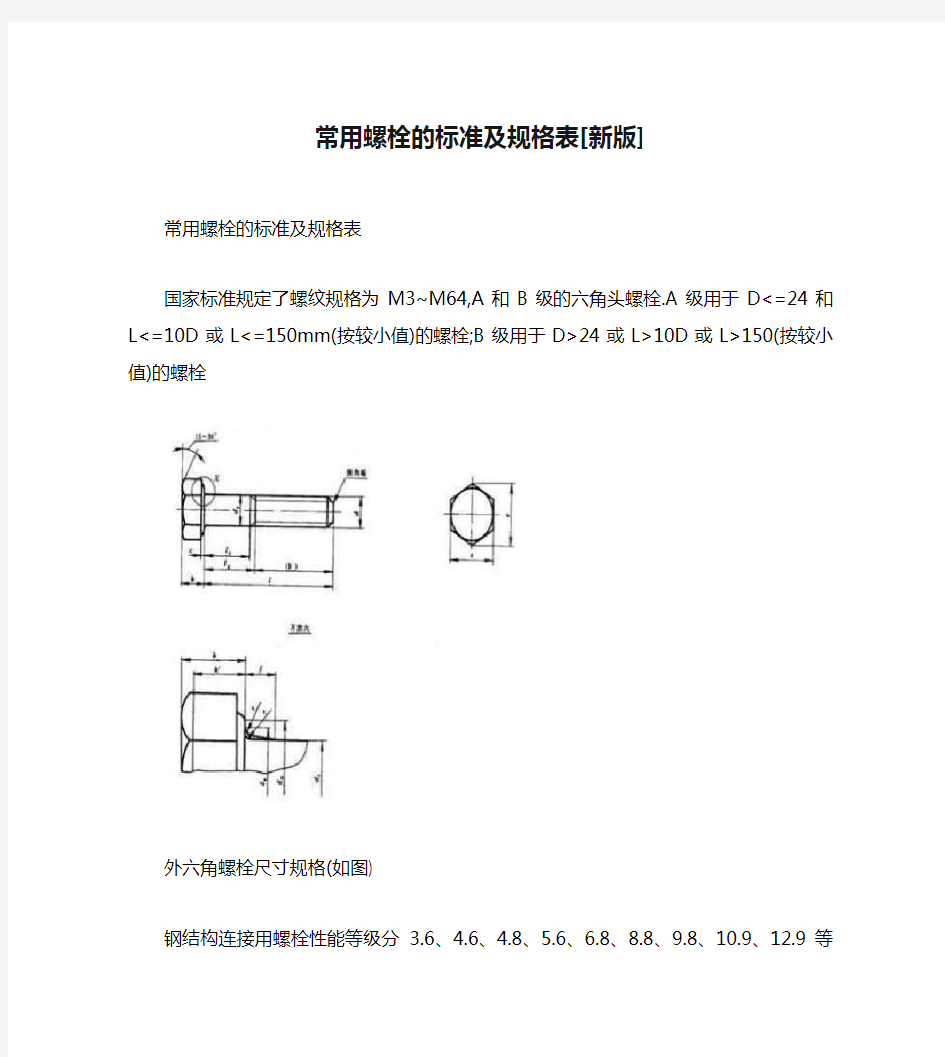 常用螺栓的标准及规格表[新版]