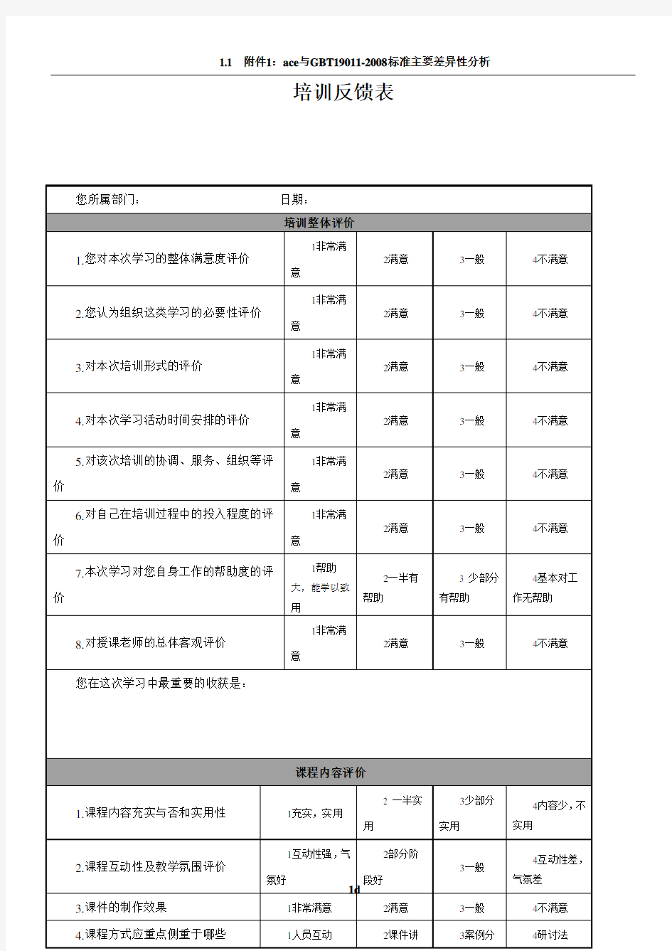 培训反馈表(模版)