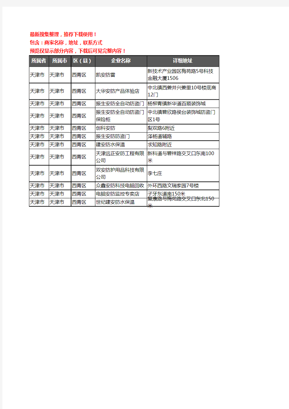 新版天津市天津市西青区安防企业公司商家户名录单联系方式地址大全12家