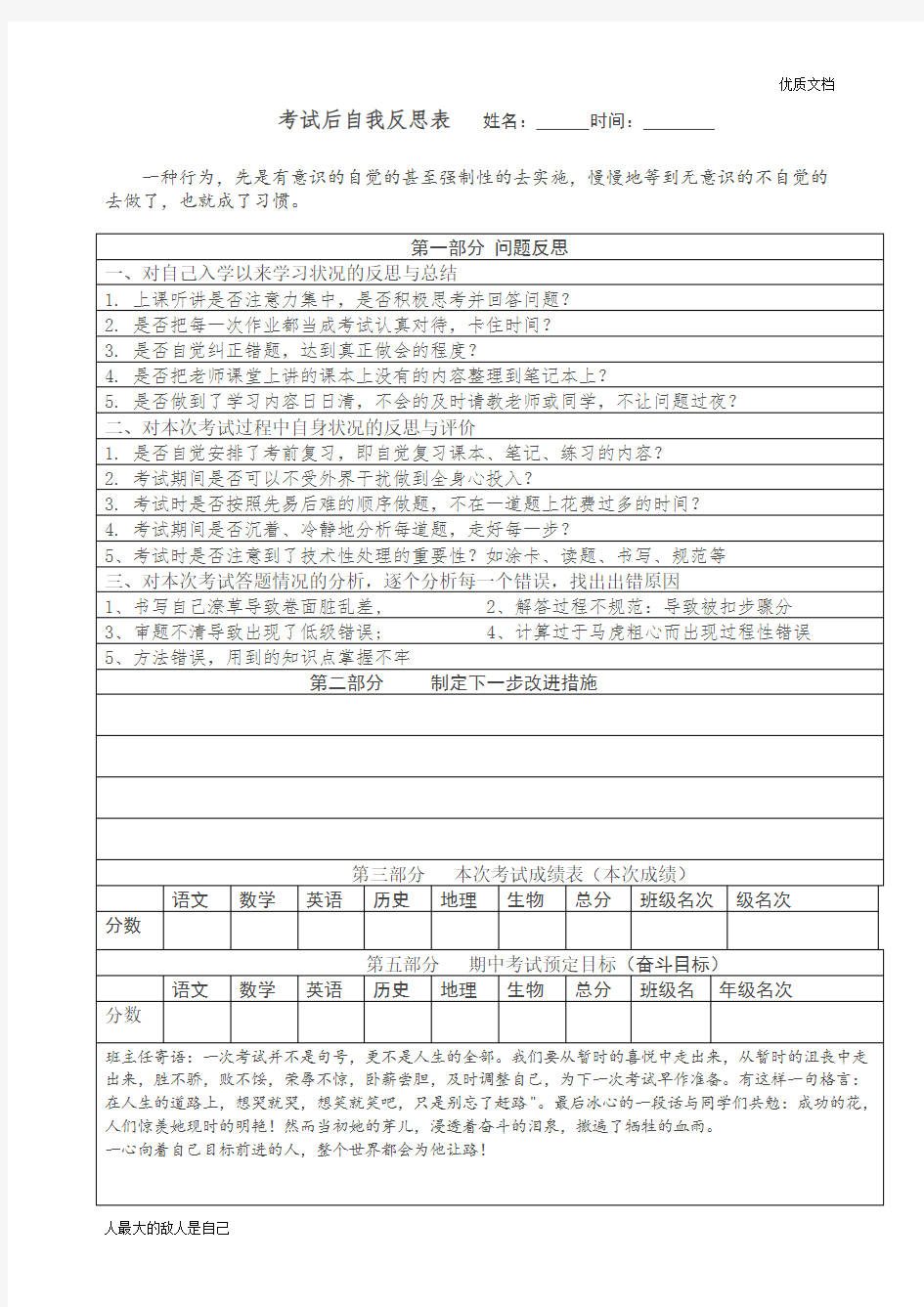 考试后学生反思表