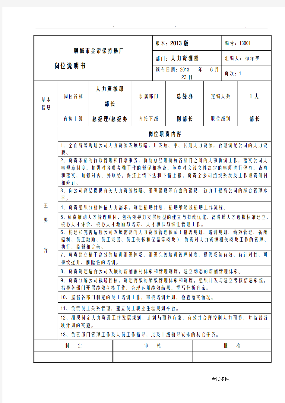 人力资源部岗位职责说明书