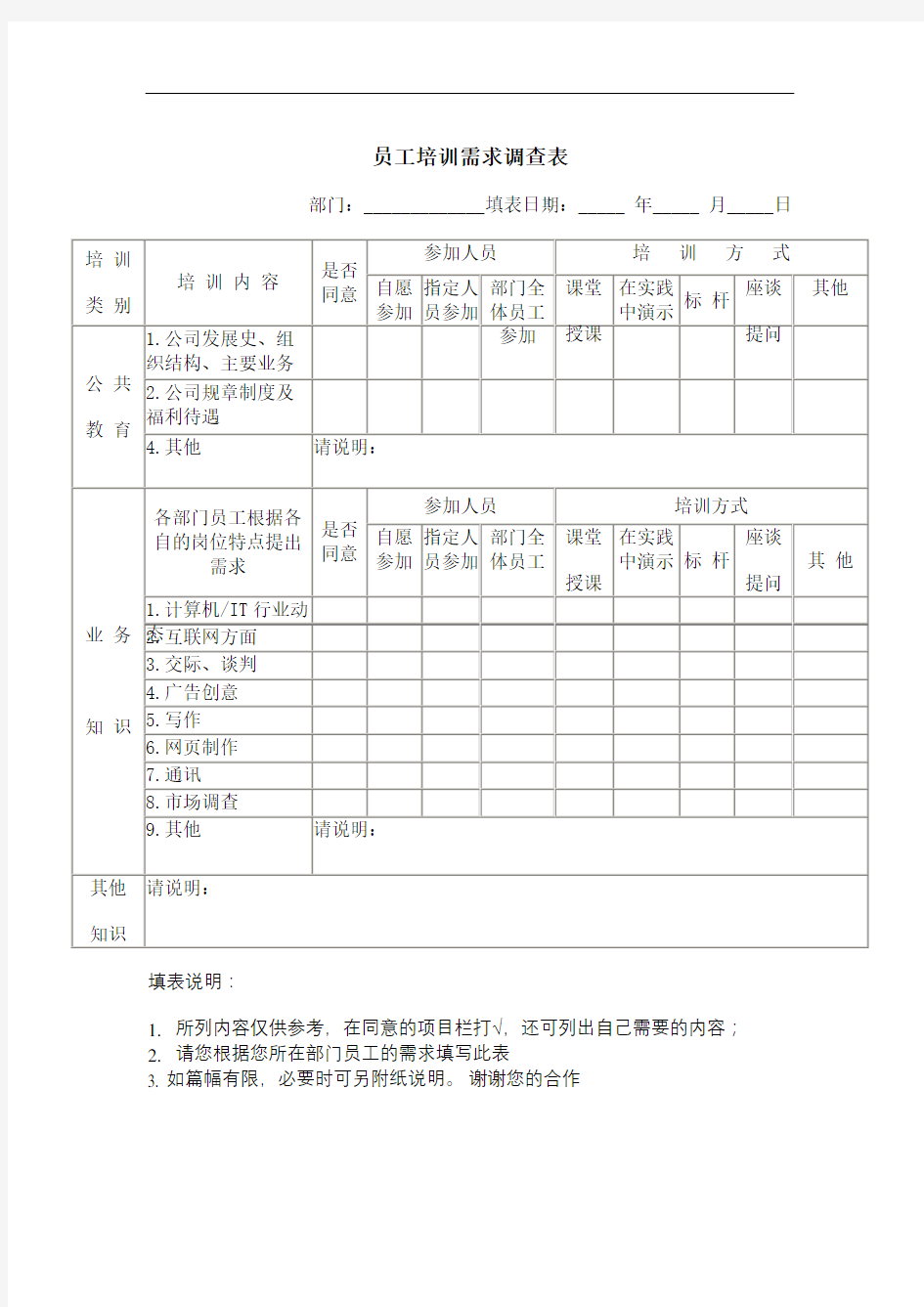 员工培训需求调查表完整版