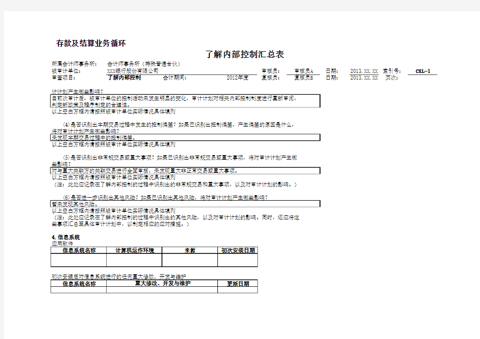 商业银行财务审计工作底稿模版之存款及结算业务循环