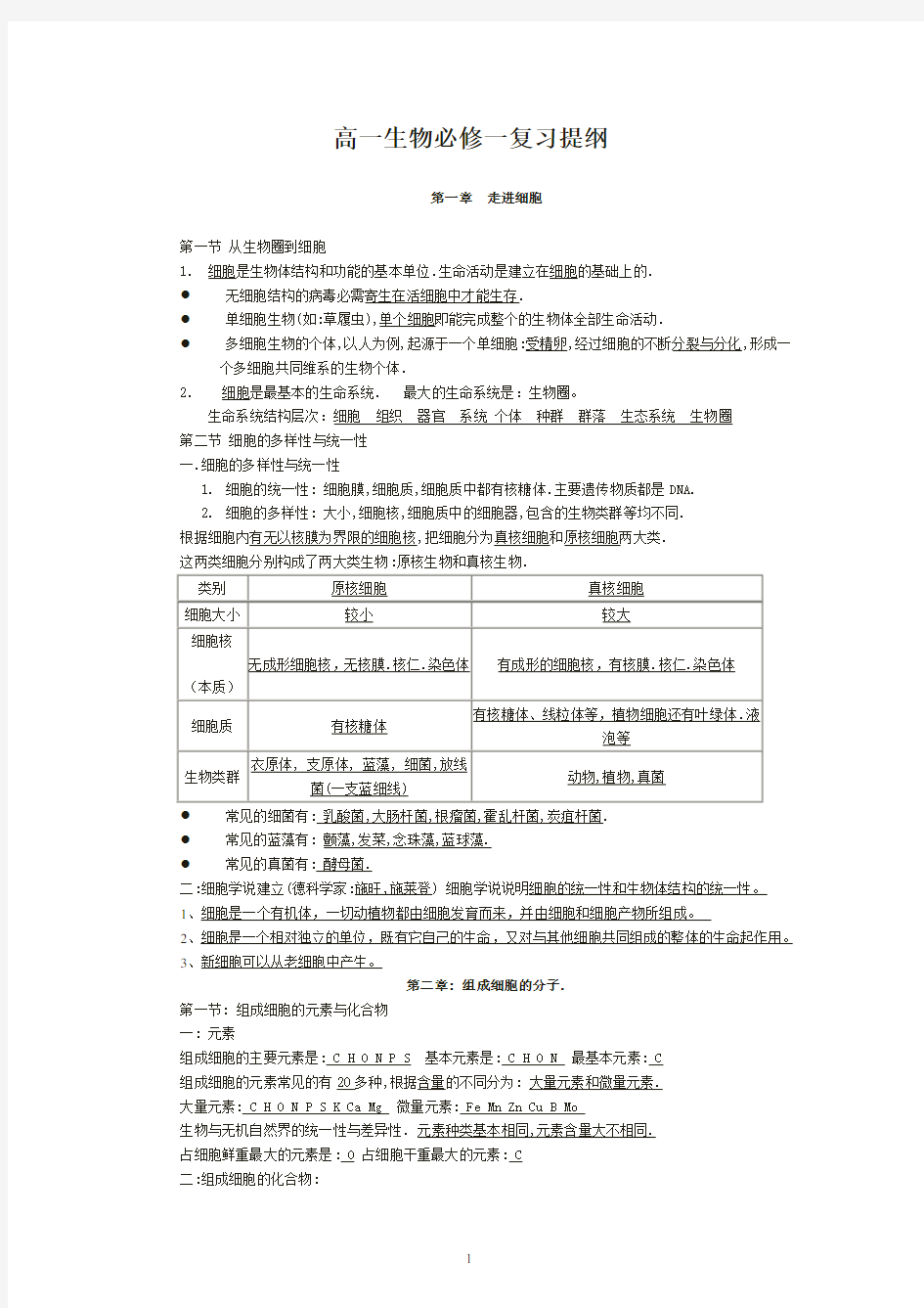 高一生物必修一知识点总结(全)