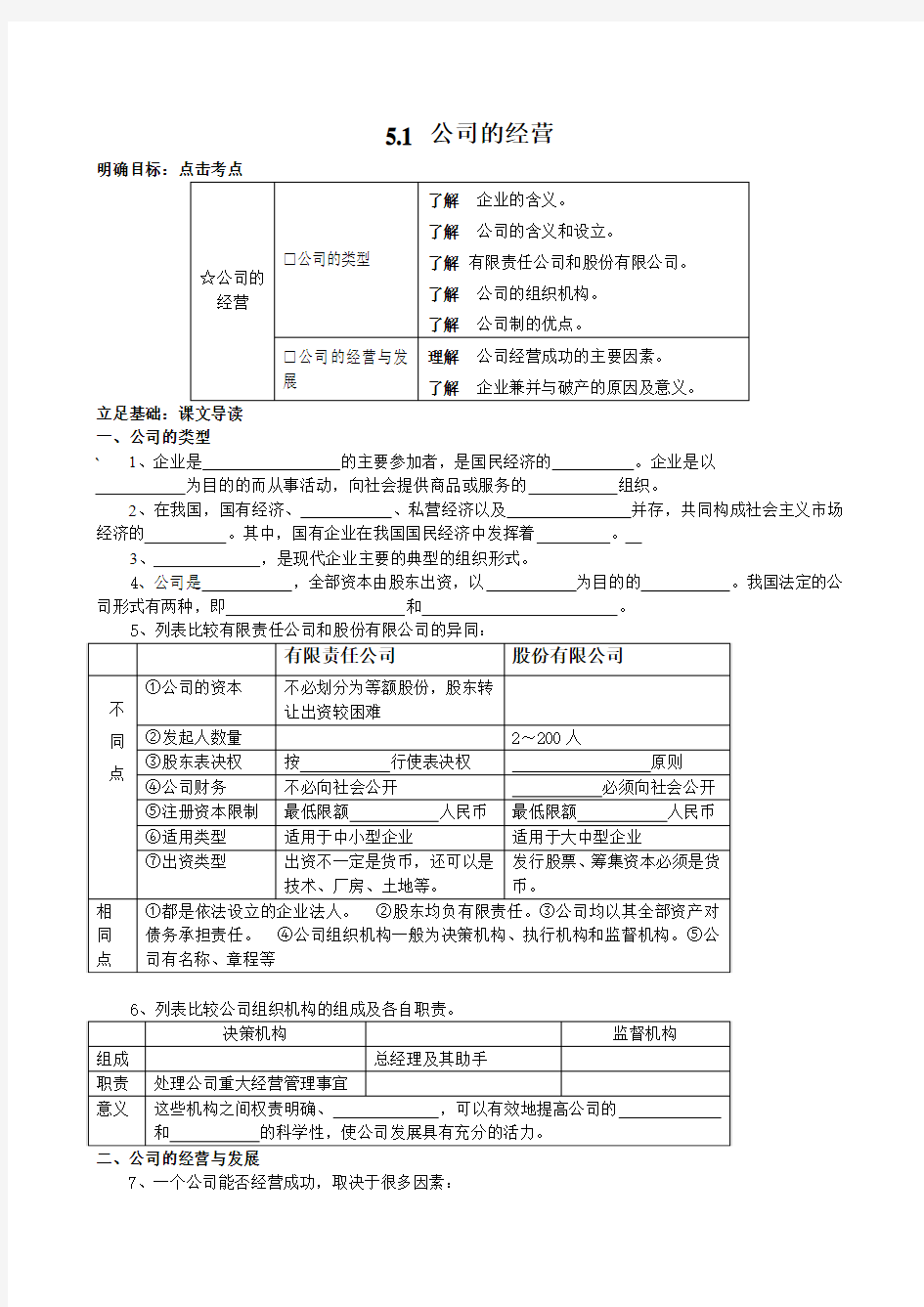 高一政治公司的经营复习题1