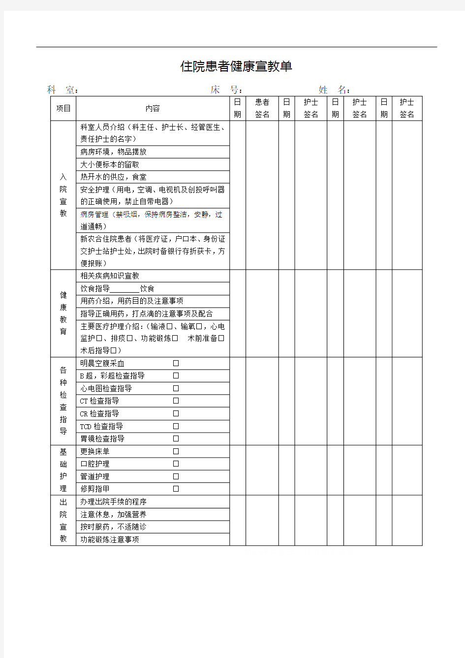 住院患者健康宣教单