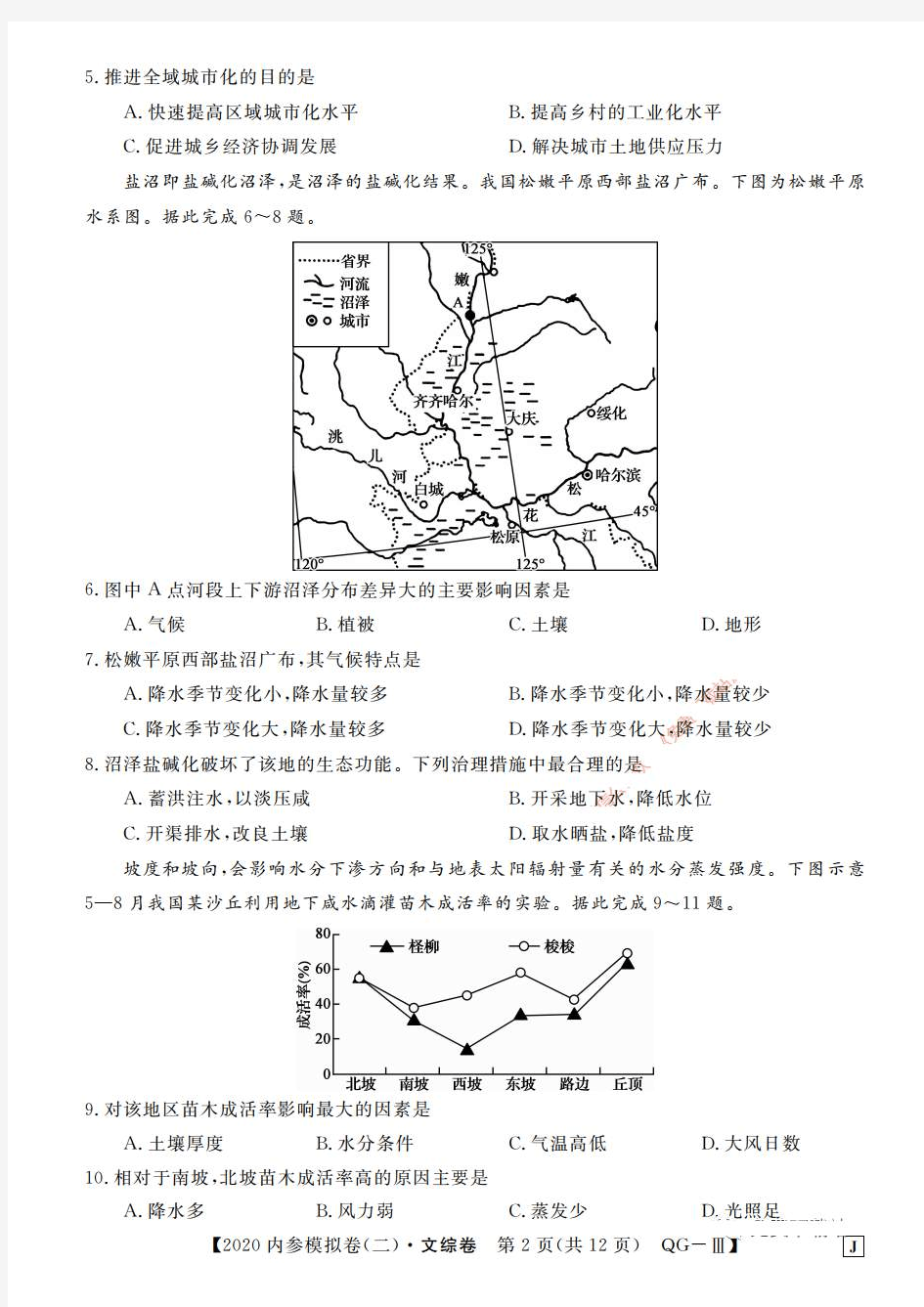 2020普通高等学校招生全国统一考试内参模拟测试卷二 文综卷(含答案)