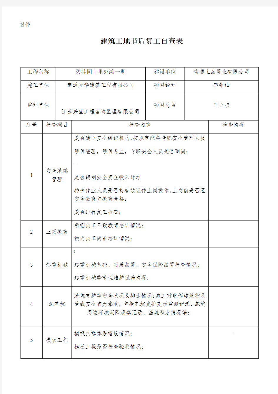 建筑工地节后复工自查表