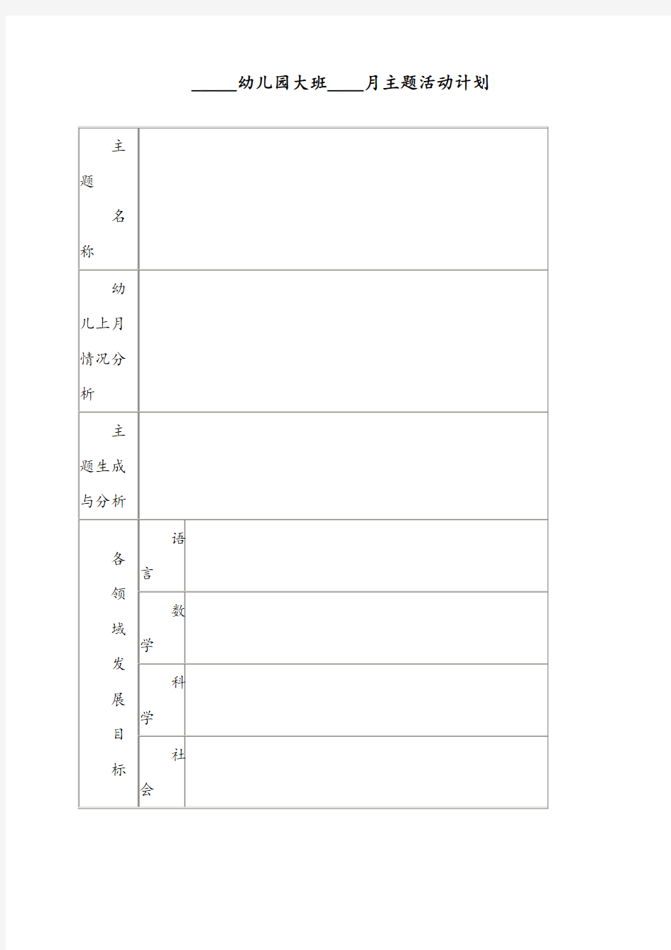 幼儿园大班月主题活动计划表(模板)