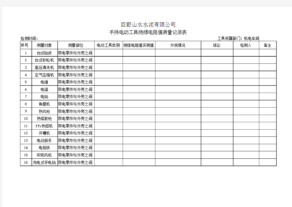 手持电动工具绝缘电阻值测量记录表