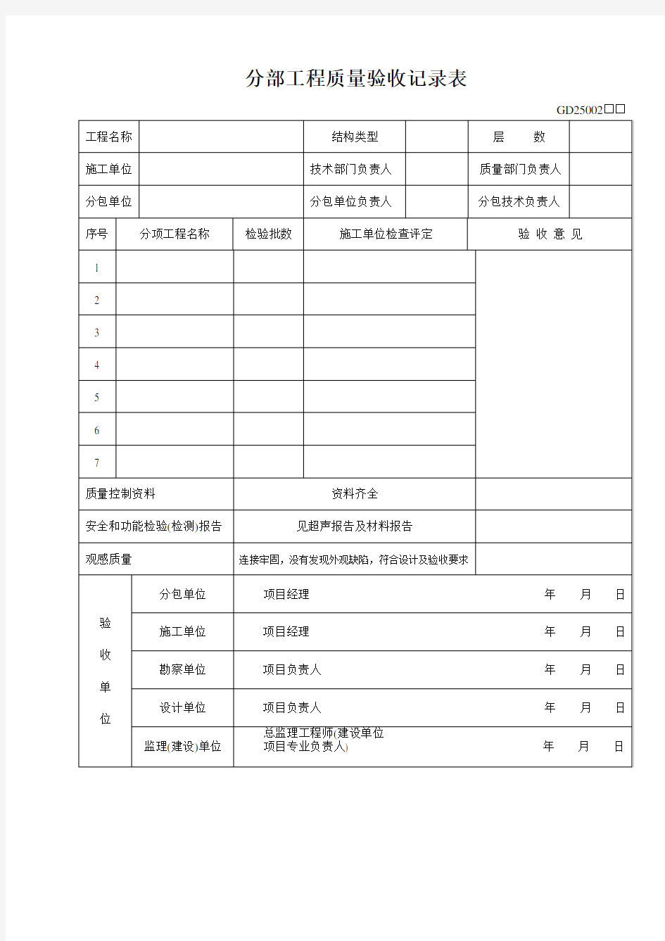 分部工程质量验收记录表