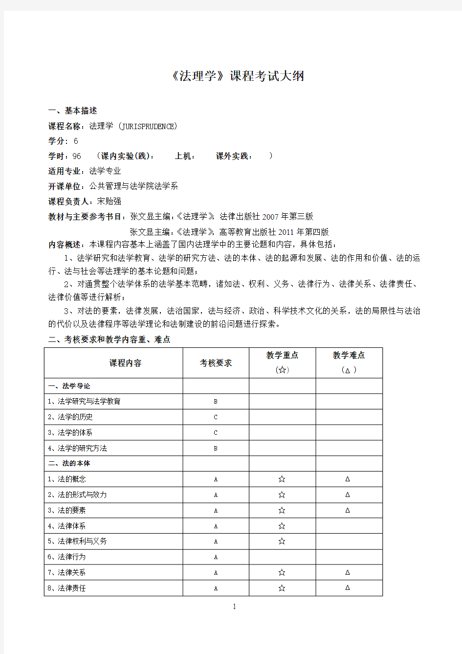 《法理学》课程考试大纲