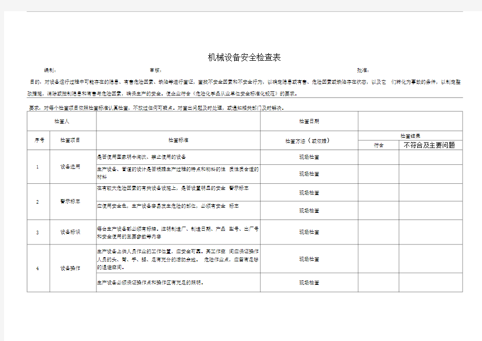 机械设备安全检查表