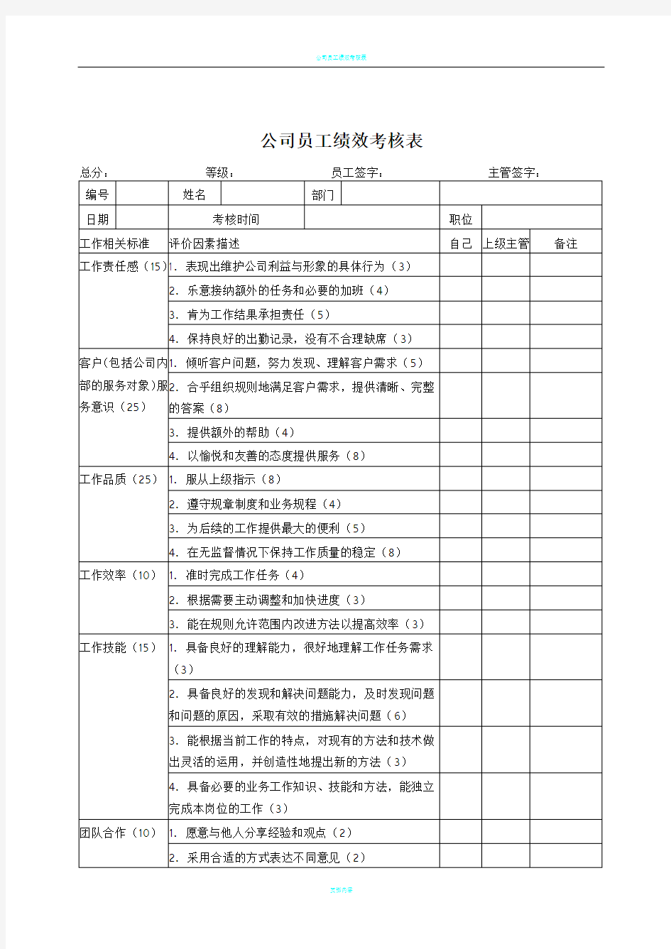 公司员工绩效考核表通用版