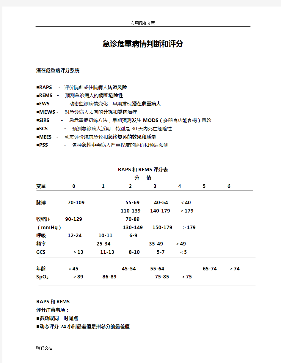 常用的患者病情评估评分表