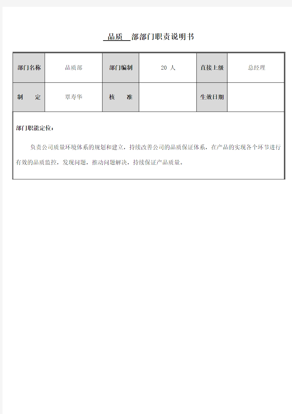 品质部部门职责说明书V