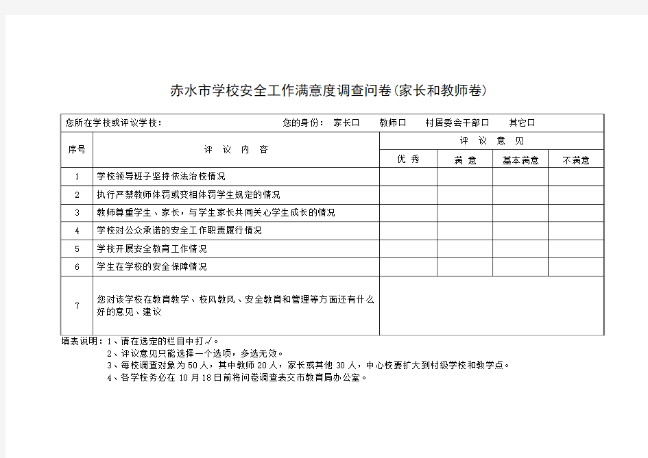 赤水市学校安全满意度调查问卷(教师)