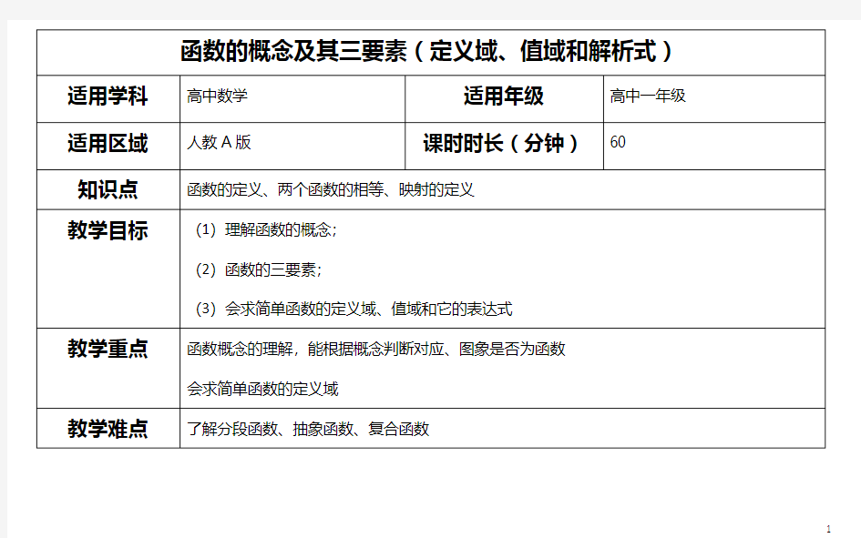 函数的概念及其三要素(定义域、值域和解析式)