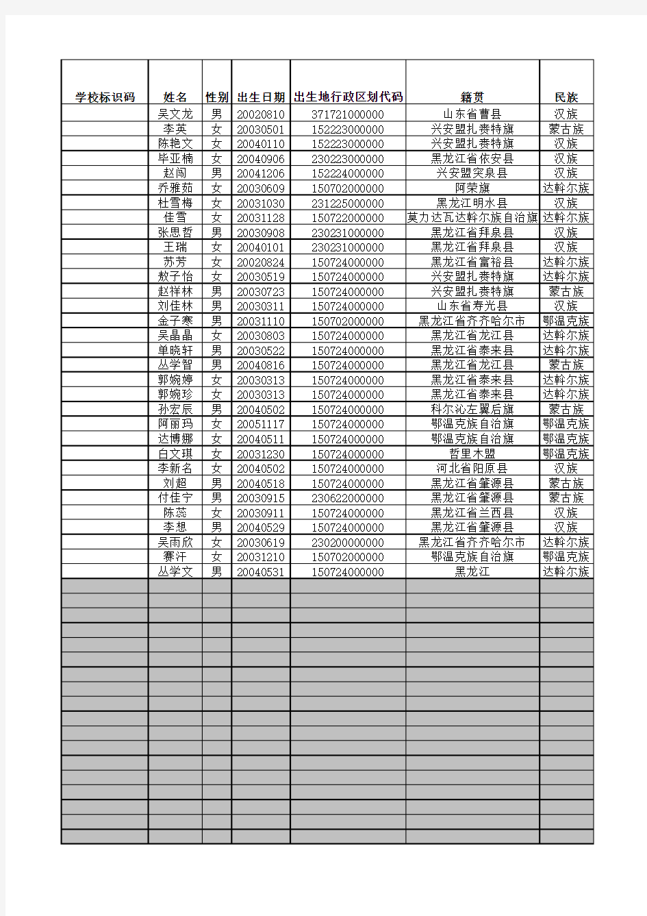 学生基本信息表excel模板