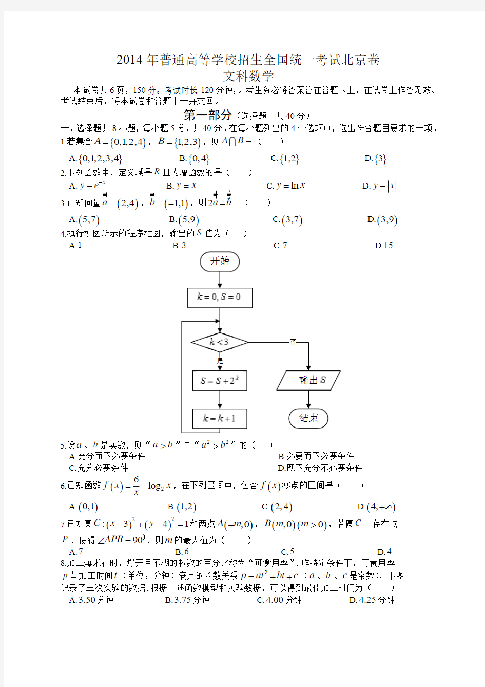 2014全国统一高考数学真题及逐题详细解析(文科)—北京卷