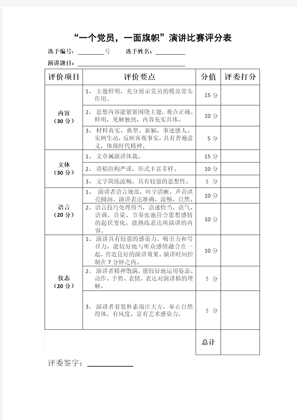 “一个党员,一面旗帜”演讲比赛评分表