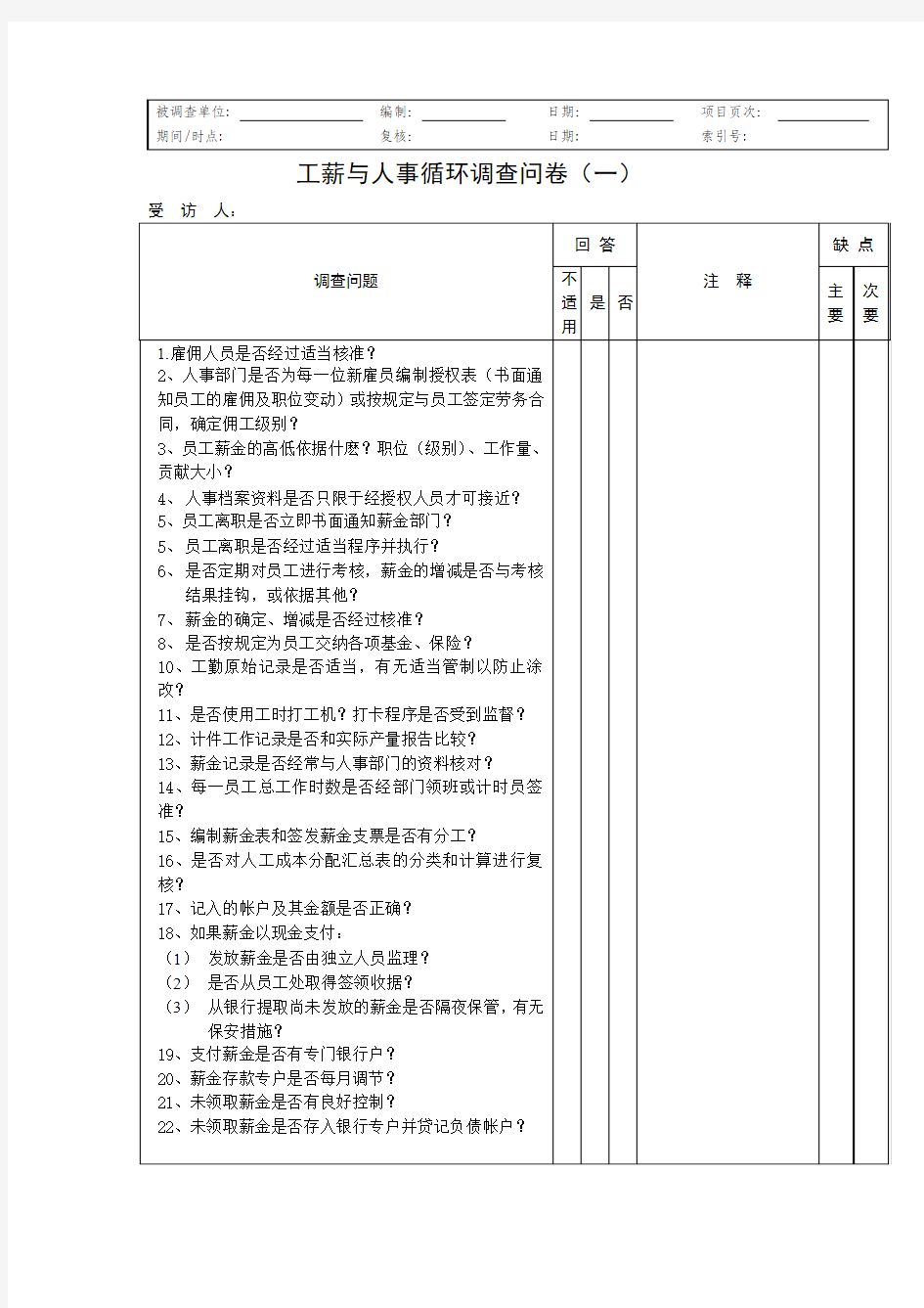 工薪与人事循环调查问卷