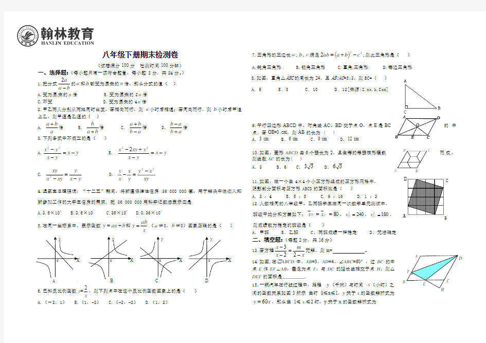 翰林教育八年级下册数学期末测试卷