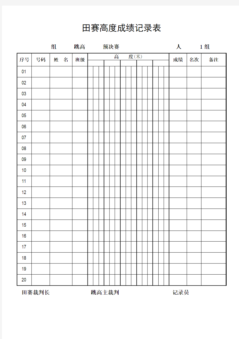 田径运动会应用表格10、田赛高度成绩记录表