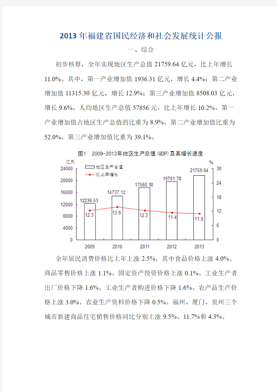 2013年福建省国民经济和社会发展统计公报