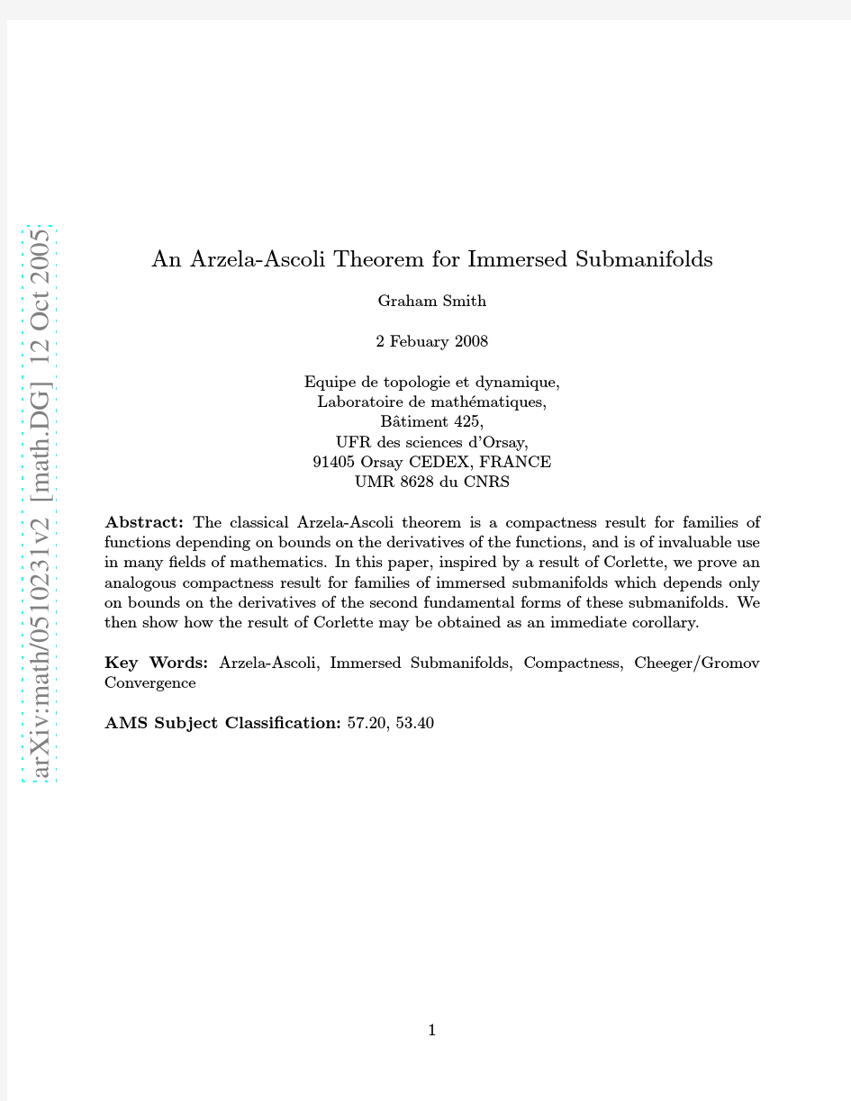 An Arzela-Ascoli Theorem for Immersed Submanifolds