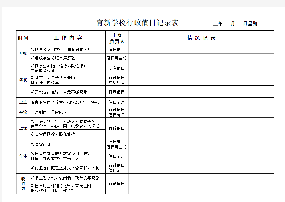 学校行政值日记录表