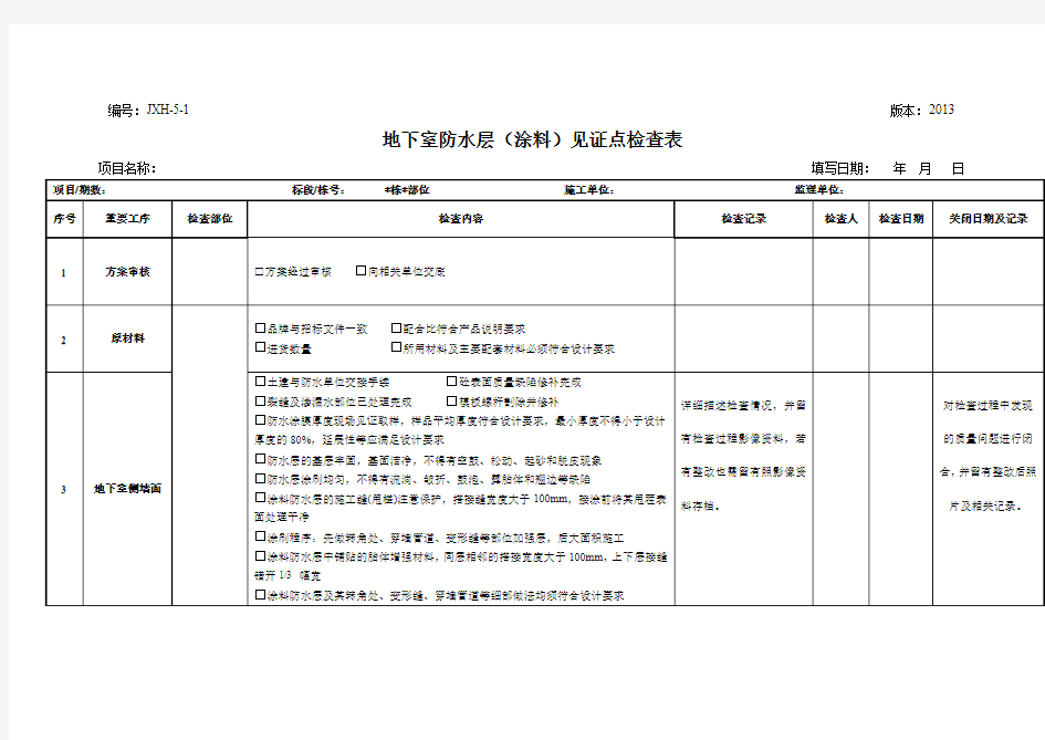 地下室防水层(涂料)见证点检查表