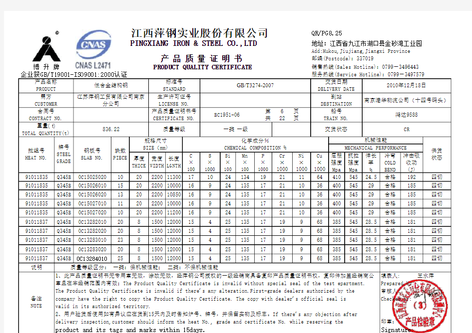 产品质量证明书