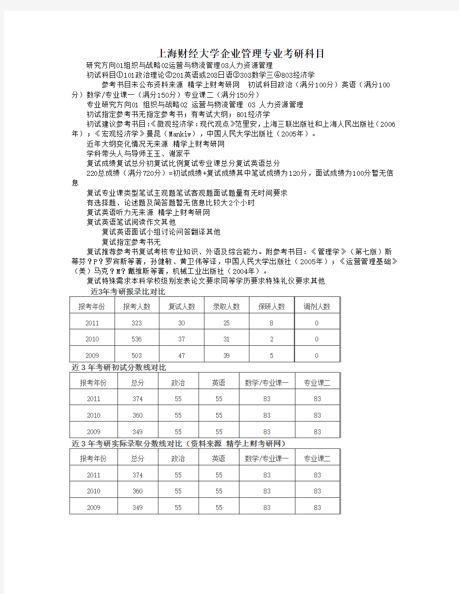 上海财经大学企业管理专业考研科目
