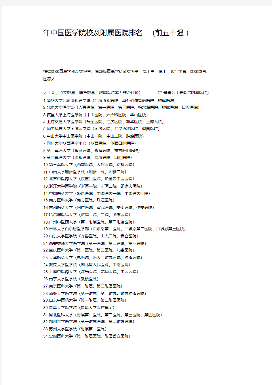 年度中国医学院校及附属医院排名前五十强