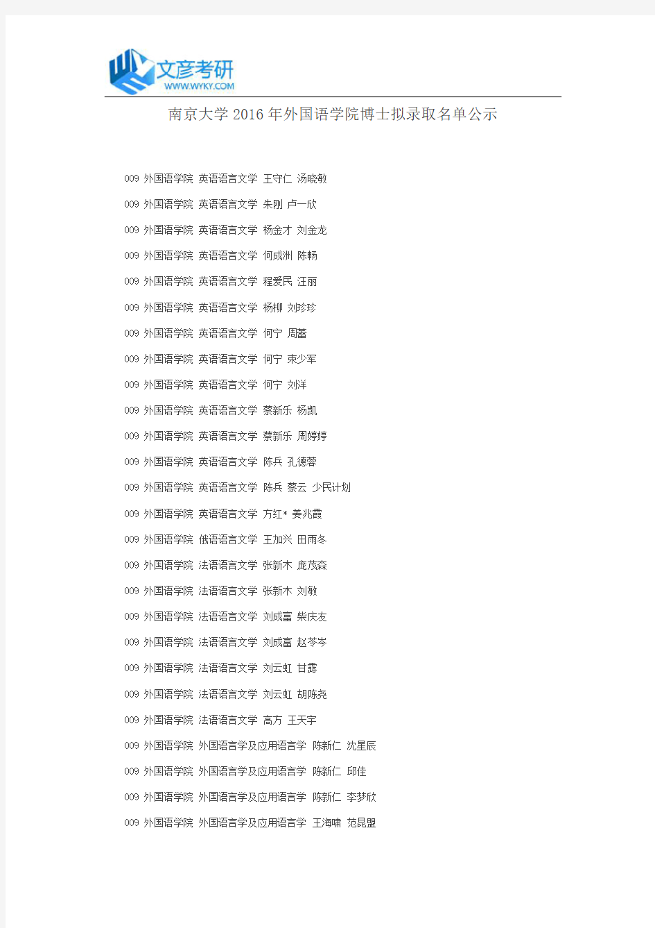 南京大学2016年外国语学院博士拟录取名单公示