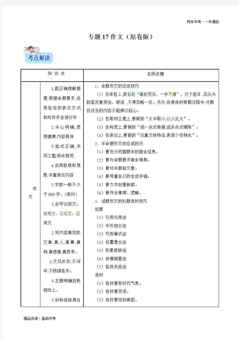 两年中考模拟2020年中考语文17 作文(学生版)山东