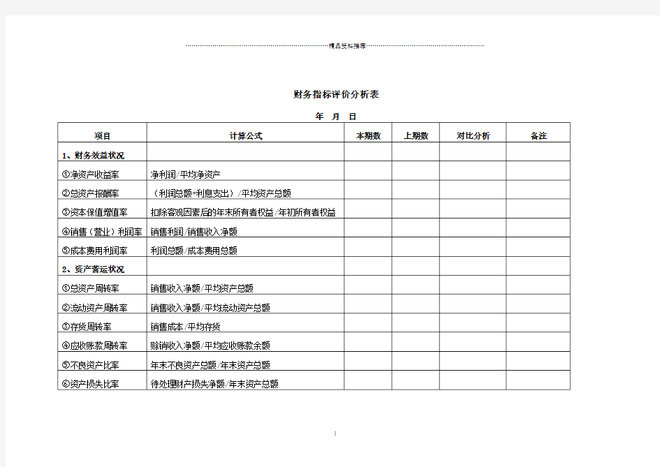 财务指标评价分析表