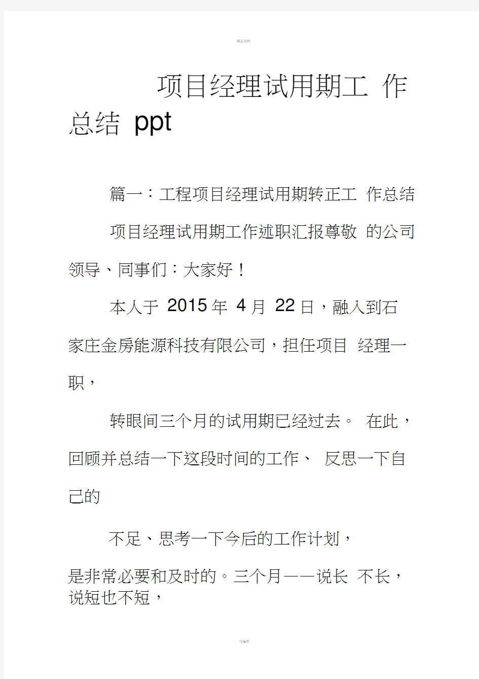 项目经理试用期工作总结ppt