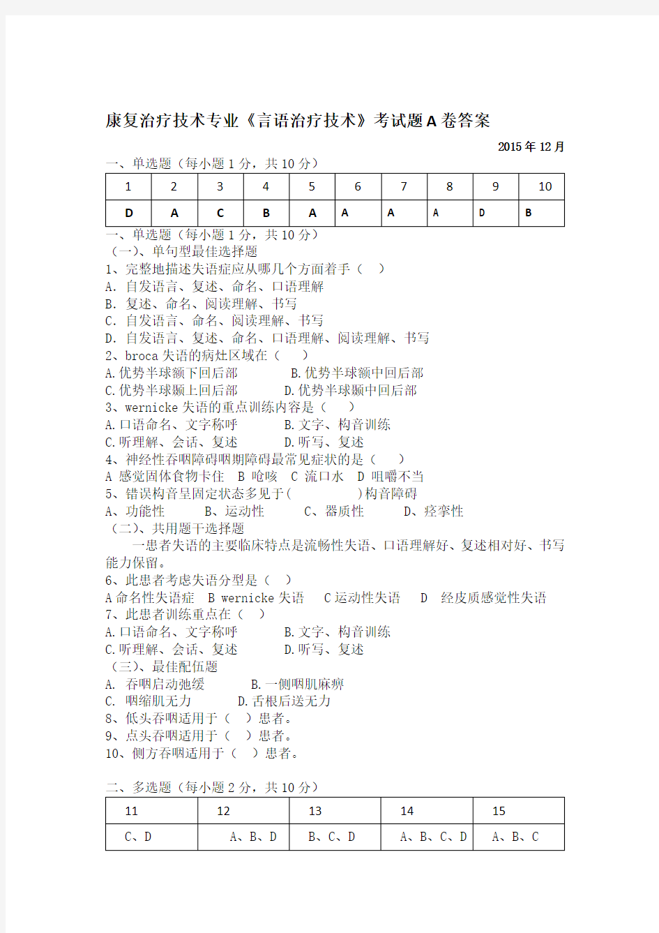 言语治疗技术考试题A卷答案